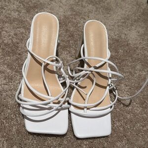 White Lace-Up Heeled Sandals | Square Toe Minimal
Heels | Size 39